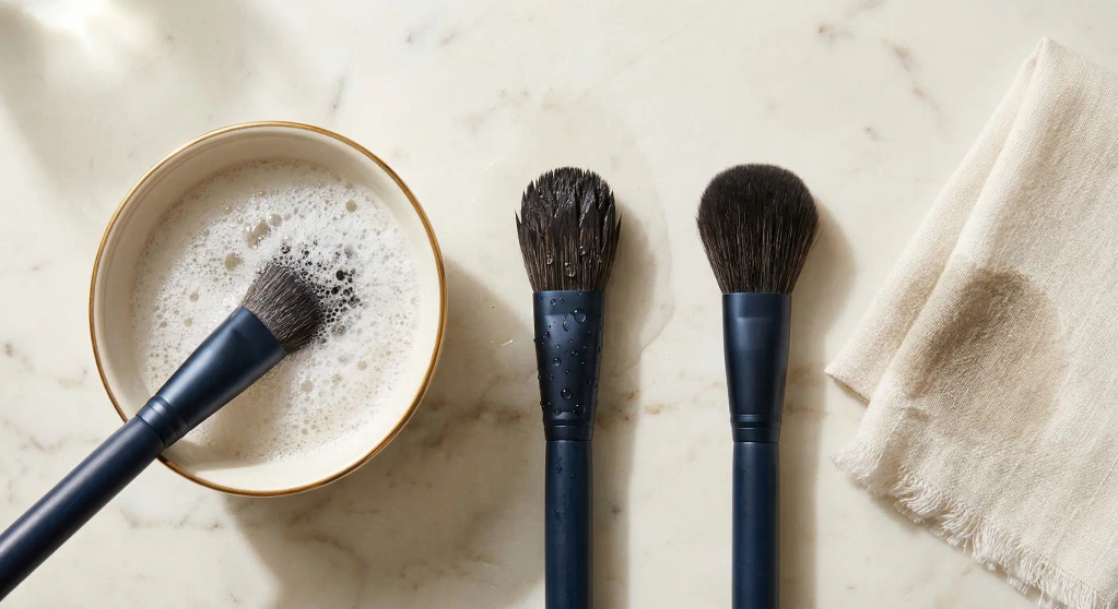 Top-down view of three makeup brushes at different cleaning stages on a cream marble surface with sudsy water and a linen towel