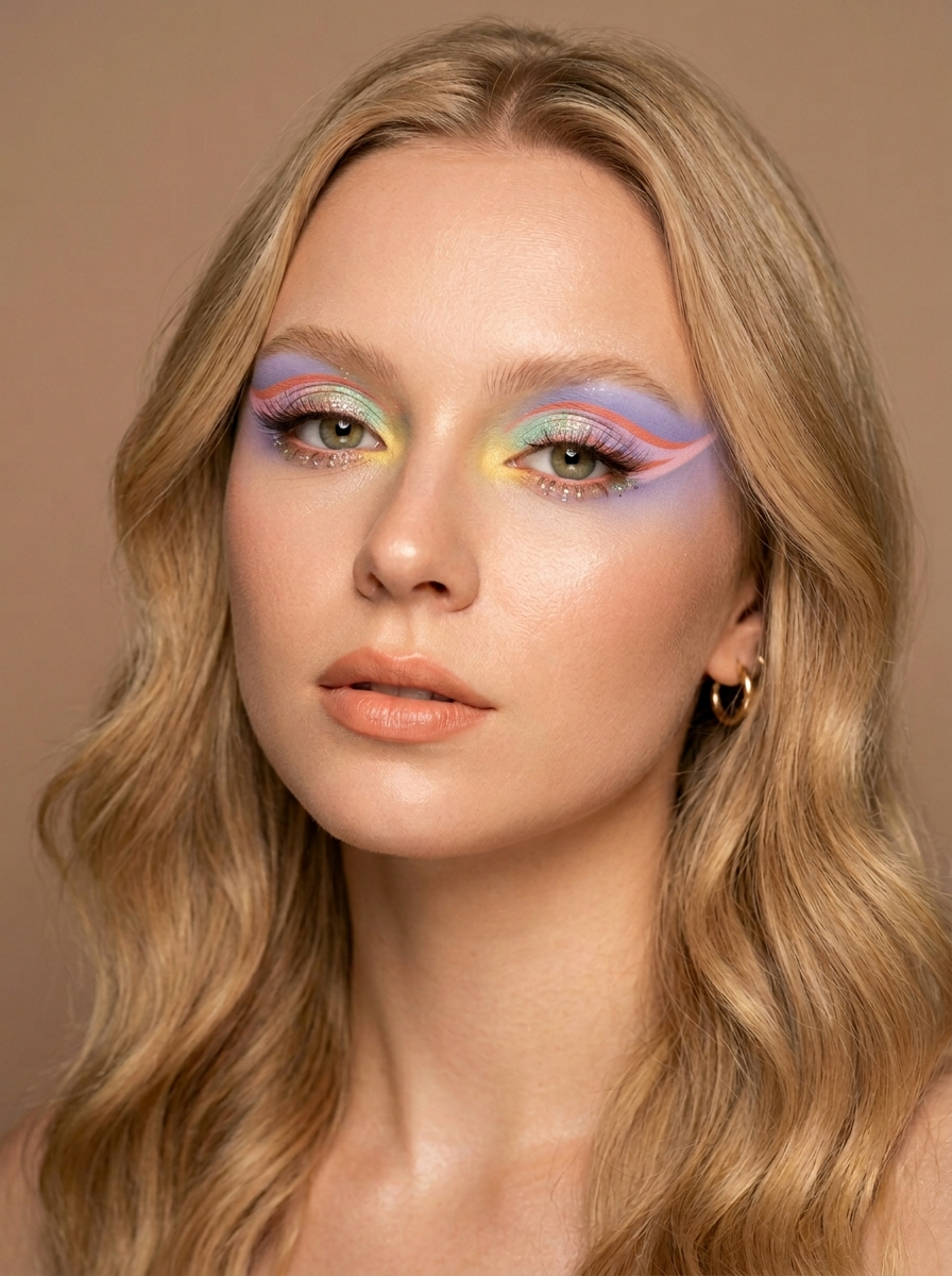 Light Spring festival eye with a soft blue lid and a layered peach-coral graphic liner trailing into a comet tail, champagne glitter on the inner lid, no gems and no black liner