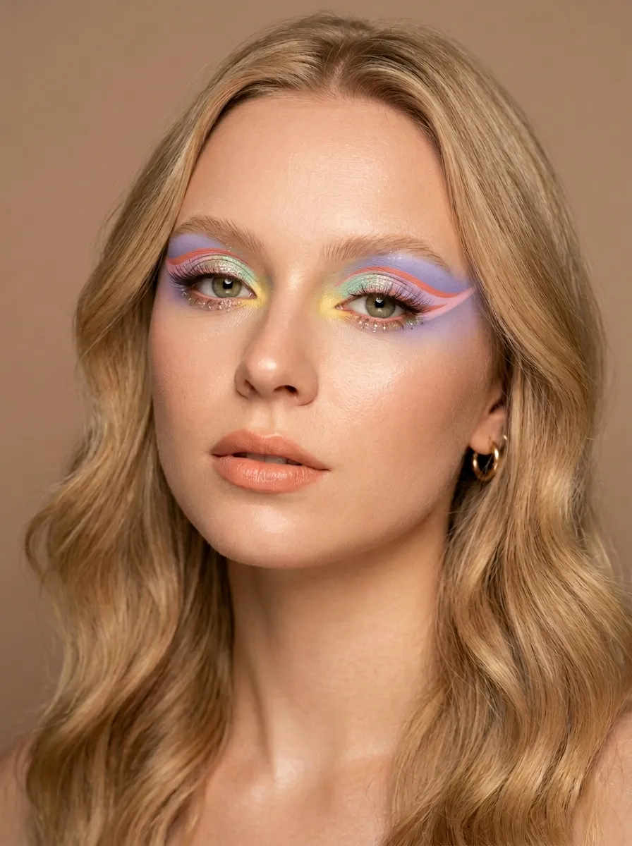 Light Spring festival eye with a soft blue lid and a layered peach-coral graphic liner trailing into a comet tail, champagne glitter on the inner lid, no gems and no black liner