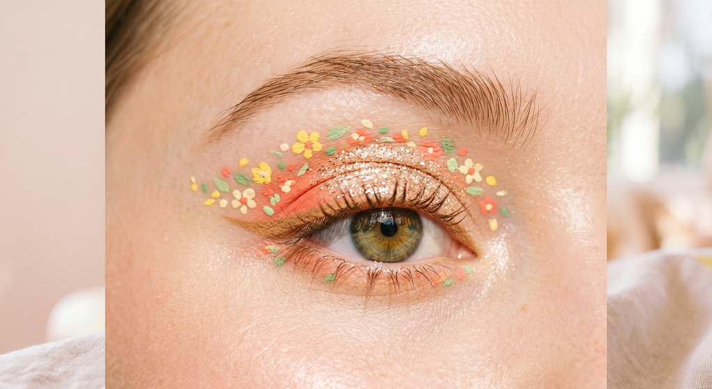 Close-up of a single Light Spring festival eye in warm coral and champagne glitter with hand-painted floral detail, no gems and no black liner, shot in bright diffused daylight against a pale blush-cream backdrop