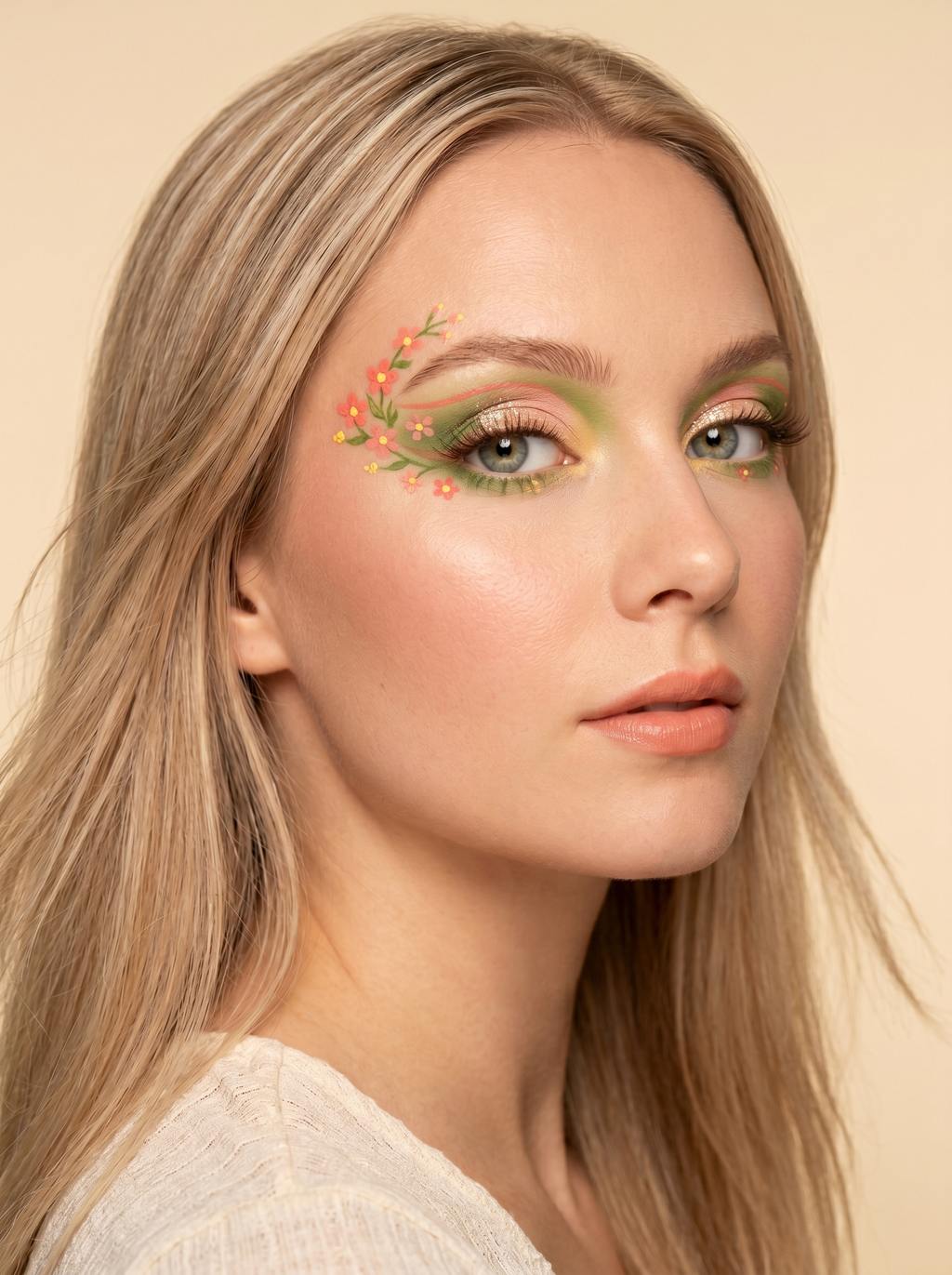 Light Spring festival eye with a green-led, hand-painted wildflower design across the lid, coral and buttercup florals with grass-green stems, no gems and no black liner