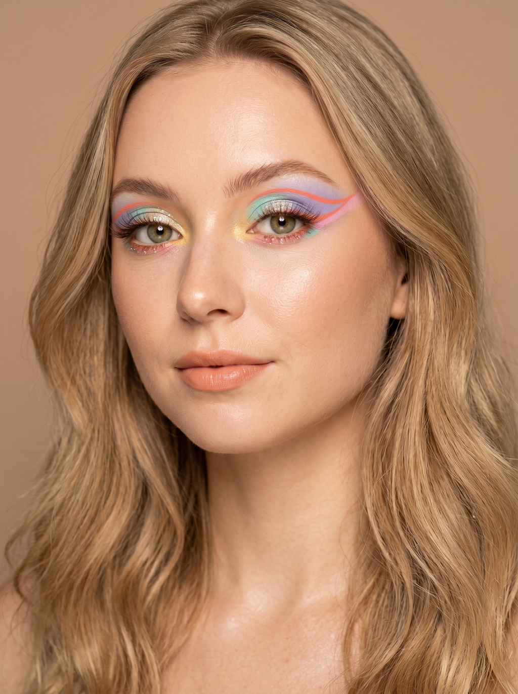 Light Spring festival eye with a soft sky-blue lid and a layered peach-coral graphic liner trailing into a comet tail, champagne glitter on the inner lid, no gems and no black liner