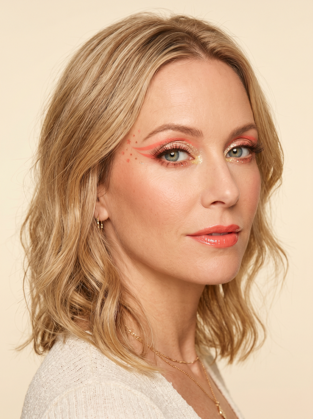 Light Spring festival eye that is pink-led and glitter-drenched, with a doubled coral graphic wing, dense champagne glitter on the lid, and painted confetti dots, no gems and no black liner