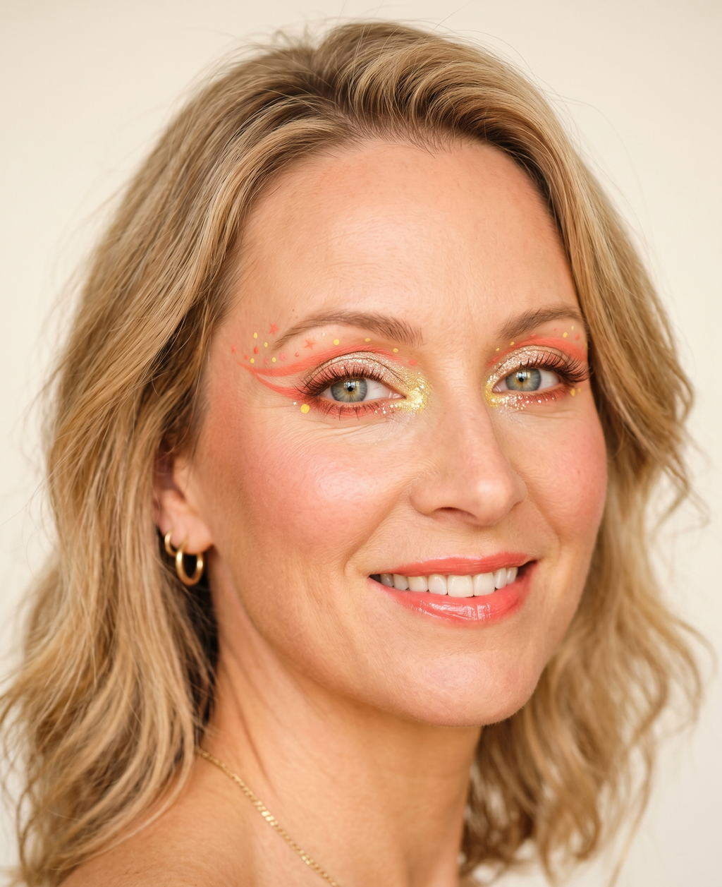 Light Spring festival eye that is pink-led and glitter-drenched, with a doubled coral graphic wing, dense champagne glitter on the lid, and painted confetti dots, no gems and no black liner