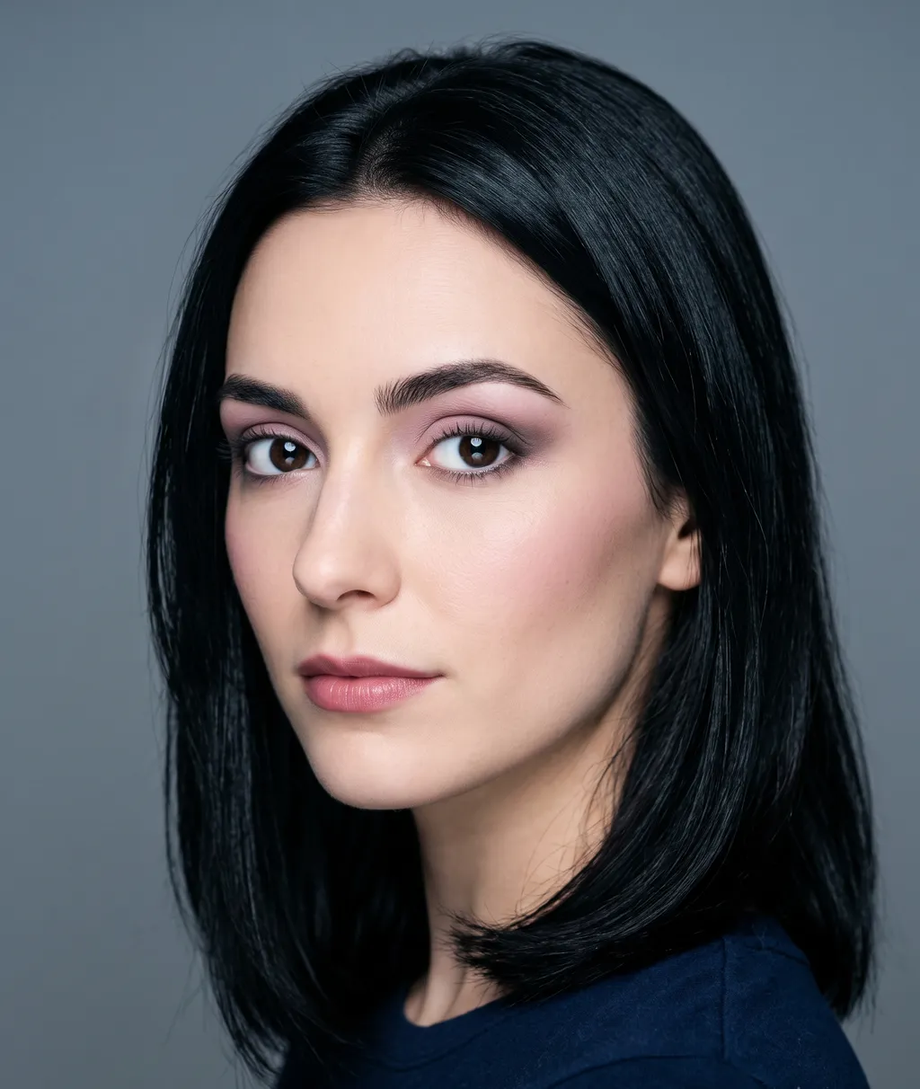A cool-toned everyday eye on dark hair and fair skin: a cool mauve-pink inner corner, a muted mauve wash over the lid, and cool espresso deepening the outer corner, finished with rosy blush and a soft cool-pink lip