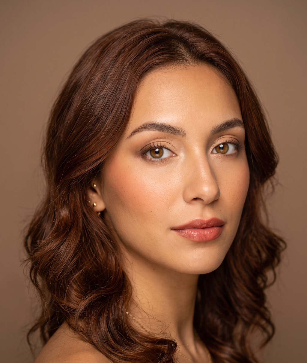 A warm-toned everyday eye on auburn hair and golden skin: soft champagne lifting the inner corner, a warm camel wash over the lid, and warm chocolate blended into the outer corner, finished with peachy blush and a warm nude lip