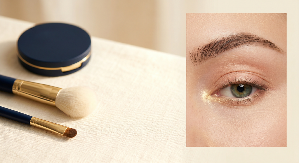 A small, tidy starter set of neutral makeup essentials and two brushes on a warm cream surface beside a softly lit eye-area crop, conveying a calm beginning