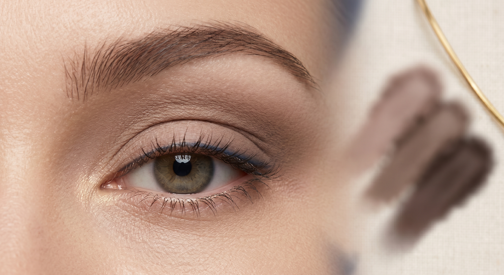 Macro crop of a single open hooded eye with a soft matte mid-tone floated just above the crease so the blend is visible head-on, against a calm cream backdrop