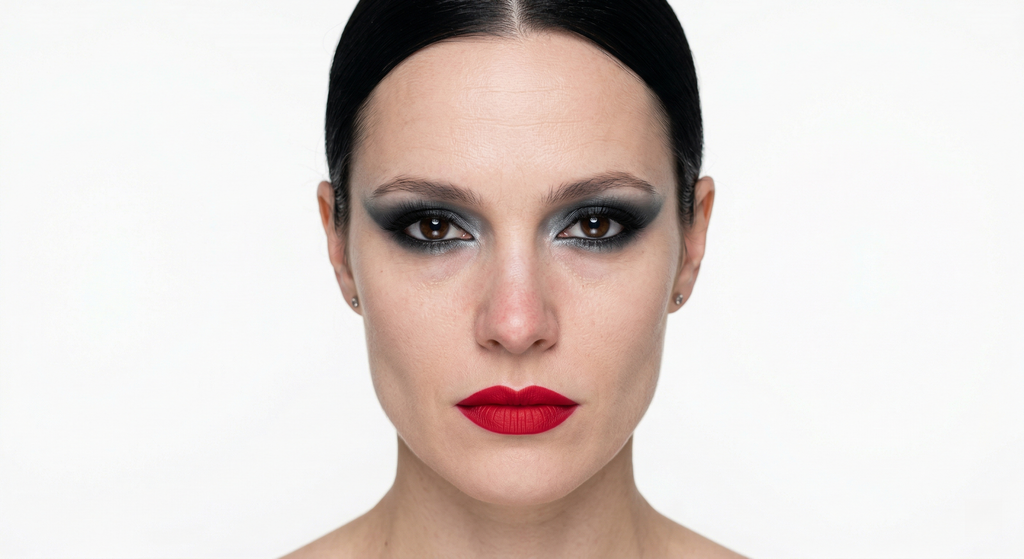 Bold eye and bold lip makeup worn together in editorial style
