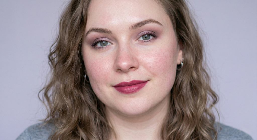 Soft mauve eyeshadow with a cool berry lip in monochromatic harmony