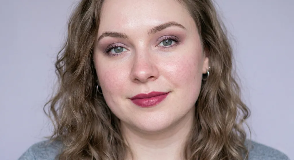 Soft mauve eyeshadow with a cool berry lip in monochromatic harmony