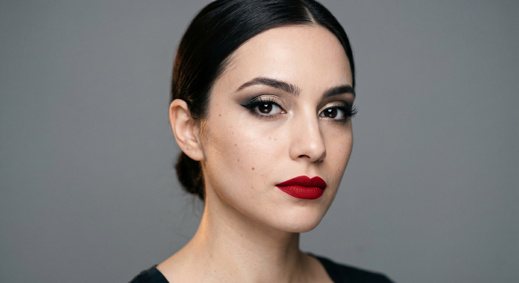Foil shimmer eye paired with a matte lip for an evening-ready finish