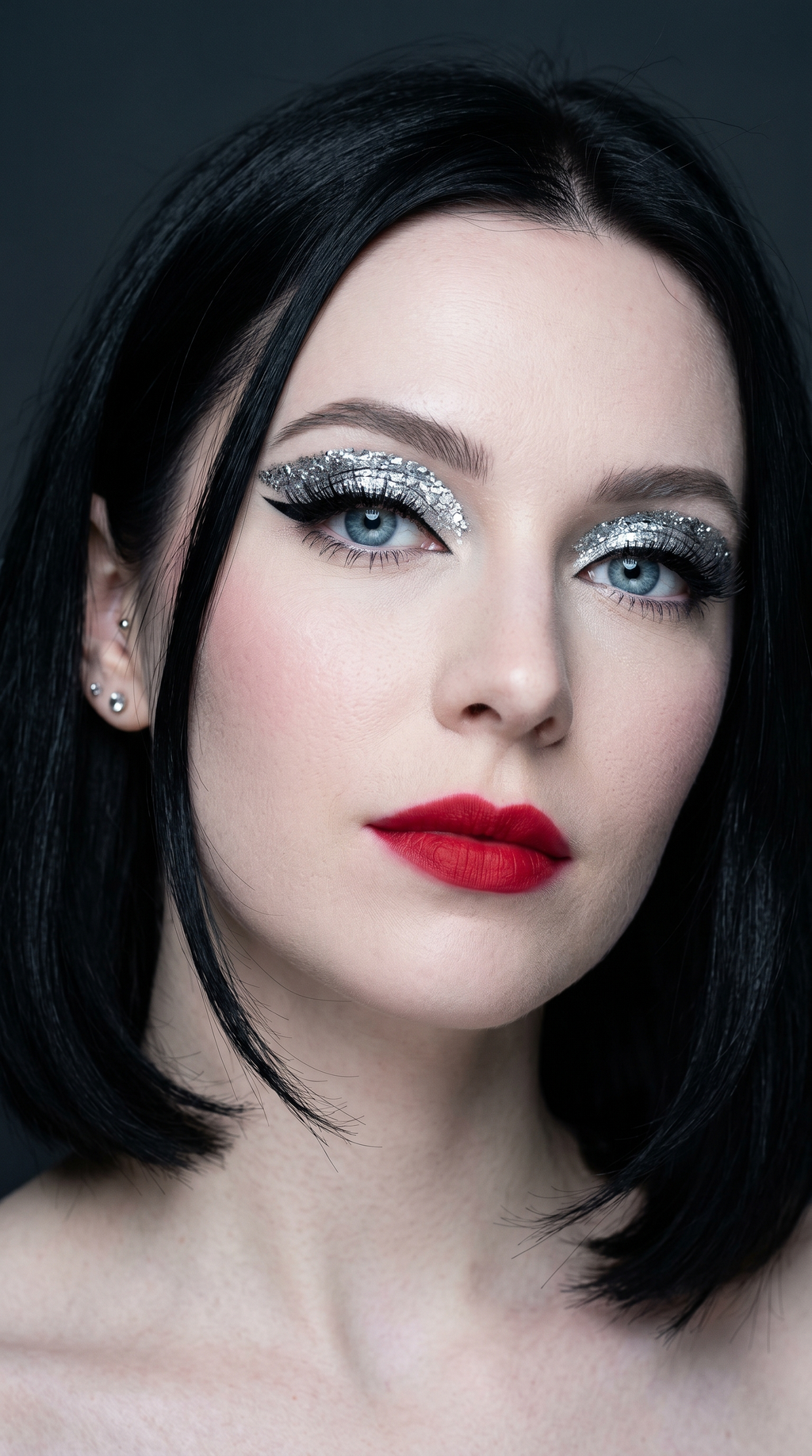 Glitter eye look paired with a matte lip stain to keep texture under control