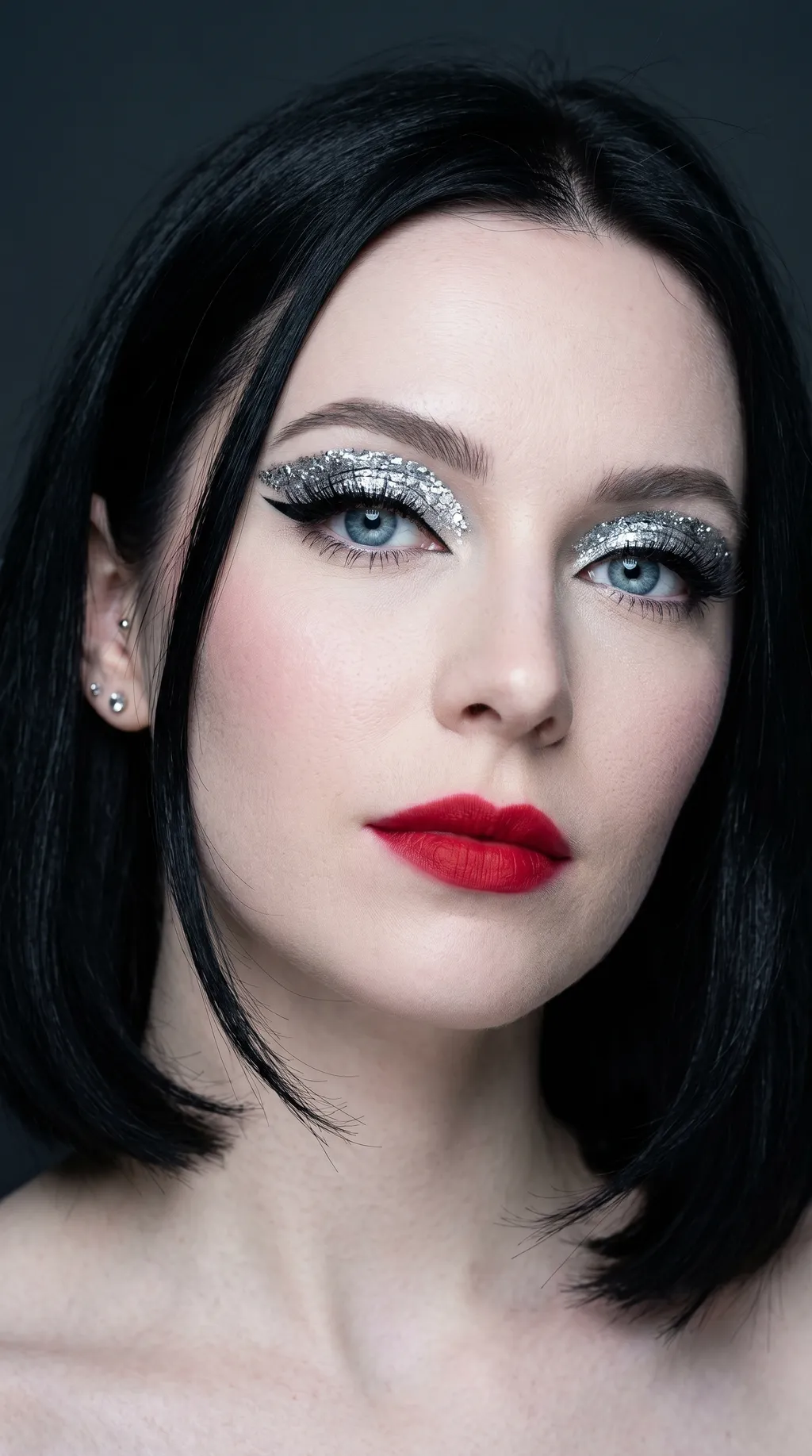 Glitter eye look paired with a matte lip stain to keep texture under control