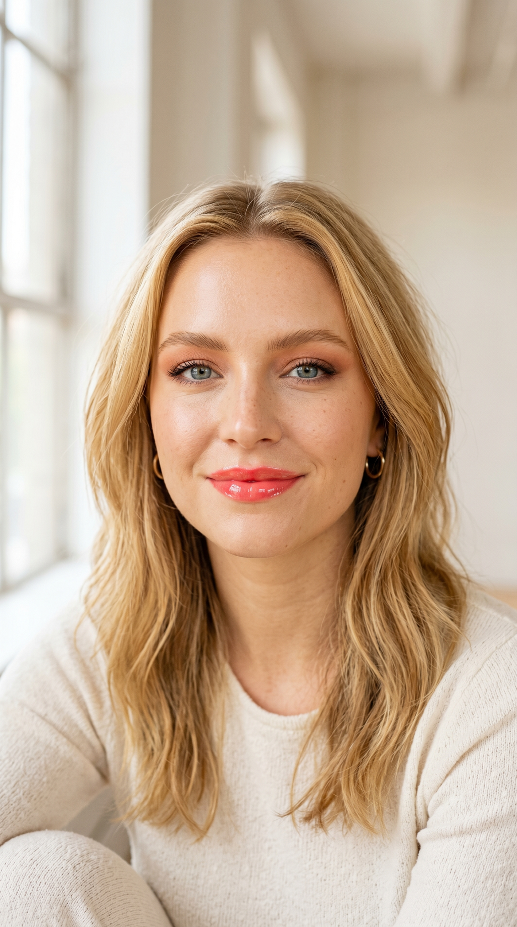 Soft matte eye look balanced with a glossy lip for a fresh modern finish