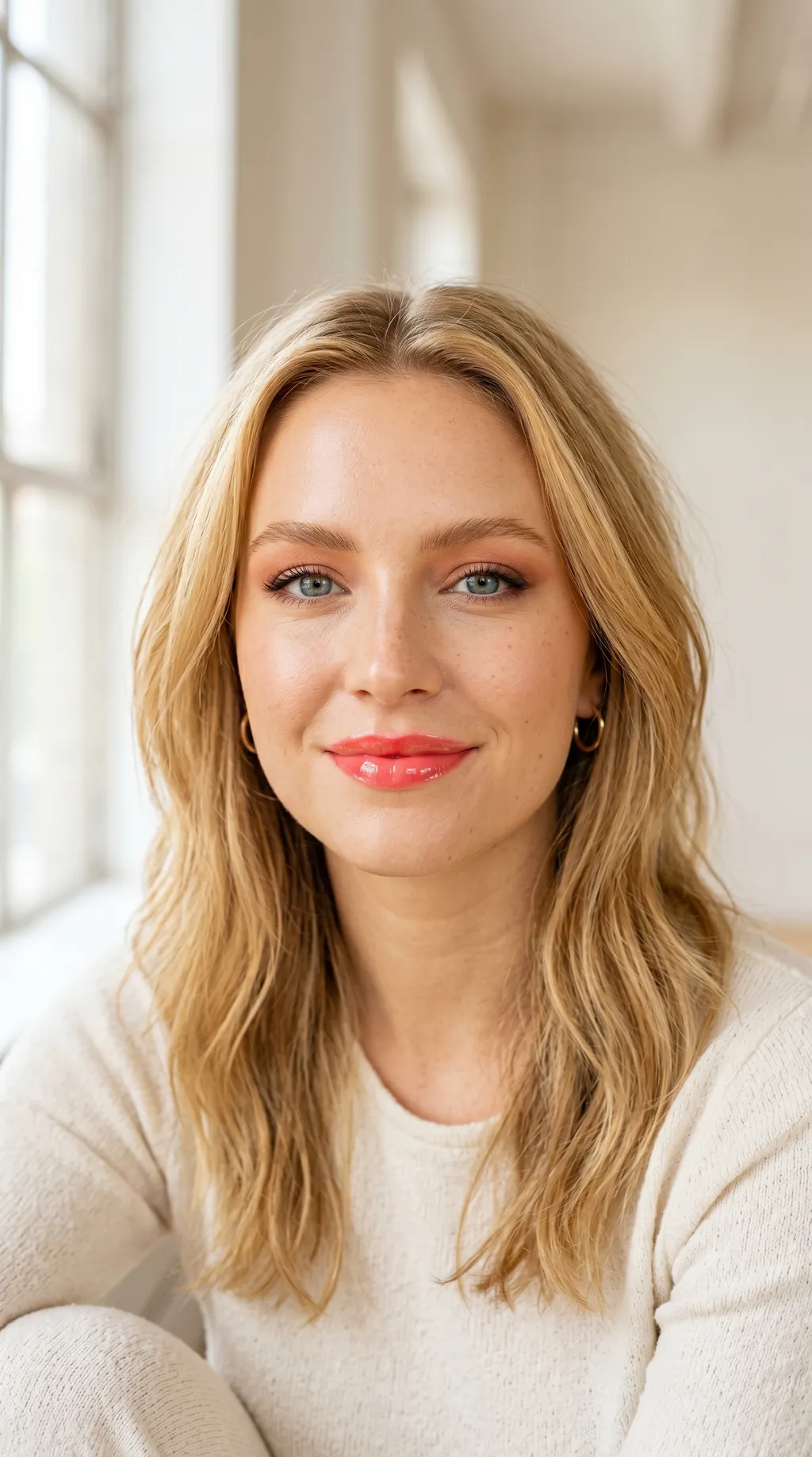 Soft matte eye look balanced with a glossy lip for a fresh modern finish