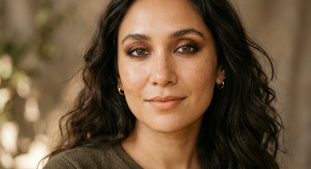 Deep smoky eyeshadow look complemented by a subtle nude lip