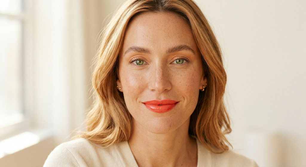 Soft natural eye look paired with a vivid lip color