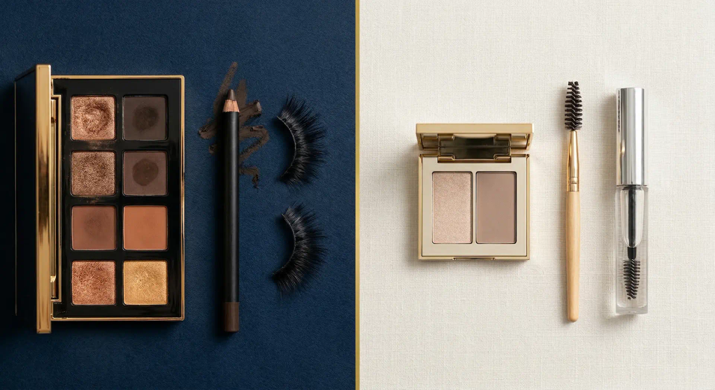 Split close-up of one eye showing rich warm smoky eye on the left and clean dewy champagne shimmer lid on the right against a cream-to-navy gradient