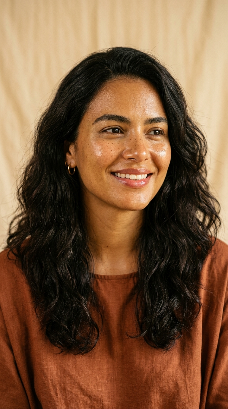 Portrait of a smiling woman with warm olive skin, a green-gold cast over a golden-yellow undertone, dark wavy hair, against a warm beige background