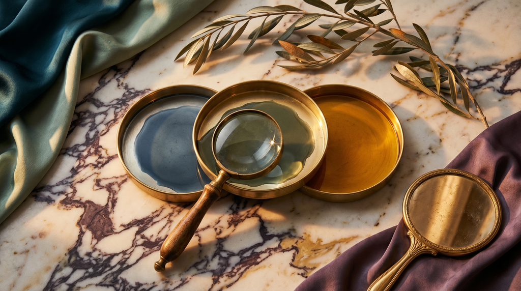 Two translucent color discs (cool blue-pink undertone and yellow overtone) overlapping on cream linen to produce a green-gray olive cast, with a small gold hand-mirror and muted plum and sage accents beside them