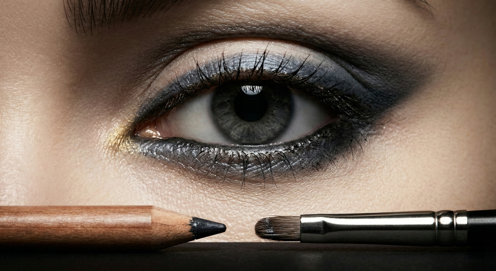 Close-up of a single eye with heavy smudged kohl on upper and lower rims, shot against a near-black matte background with a kohl pencil and liner brush in sharp focus in the foreground