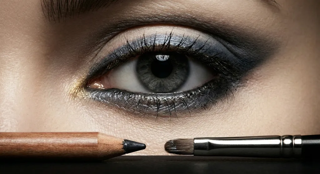 Close-up of a single eye with heavy smudged kohl on upper and lower rims, shot against a near-black matte background with a kohl pencil and liner brush in sharp focus in the foreground