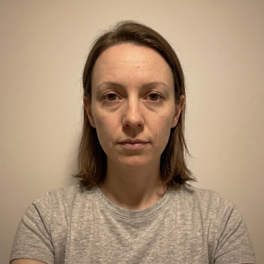 Selfie taken under overhead lighting with shadows under the eyes nose and chin