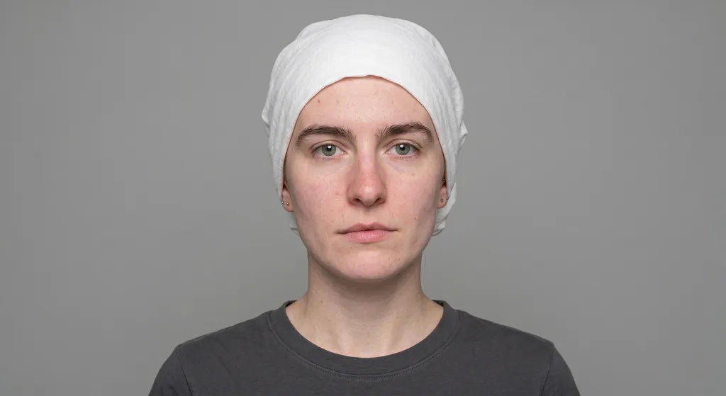 Selfie with dyed hair covered by a white cloth preventing color reflection on skin