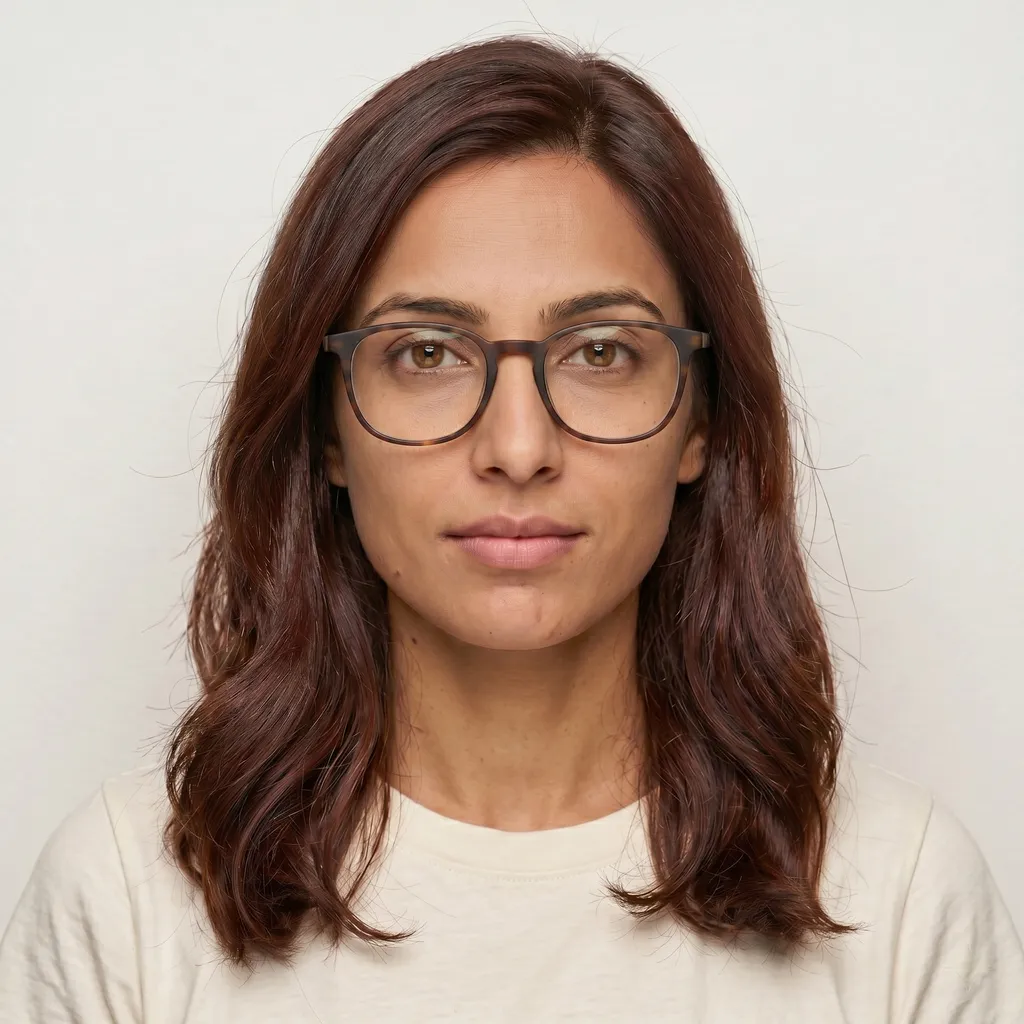Selfie wearing glasses with visible lens reflections and frame shadows obscuring eye area