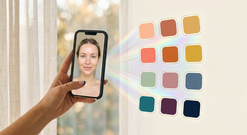 Smartphone showing a well-lit bare-faced selfie near a window with AI color analysis overlay