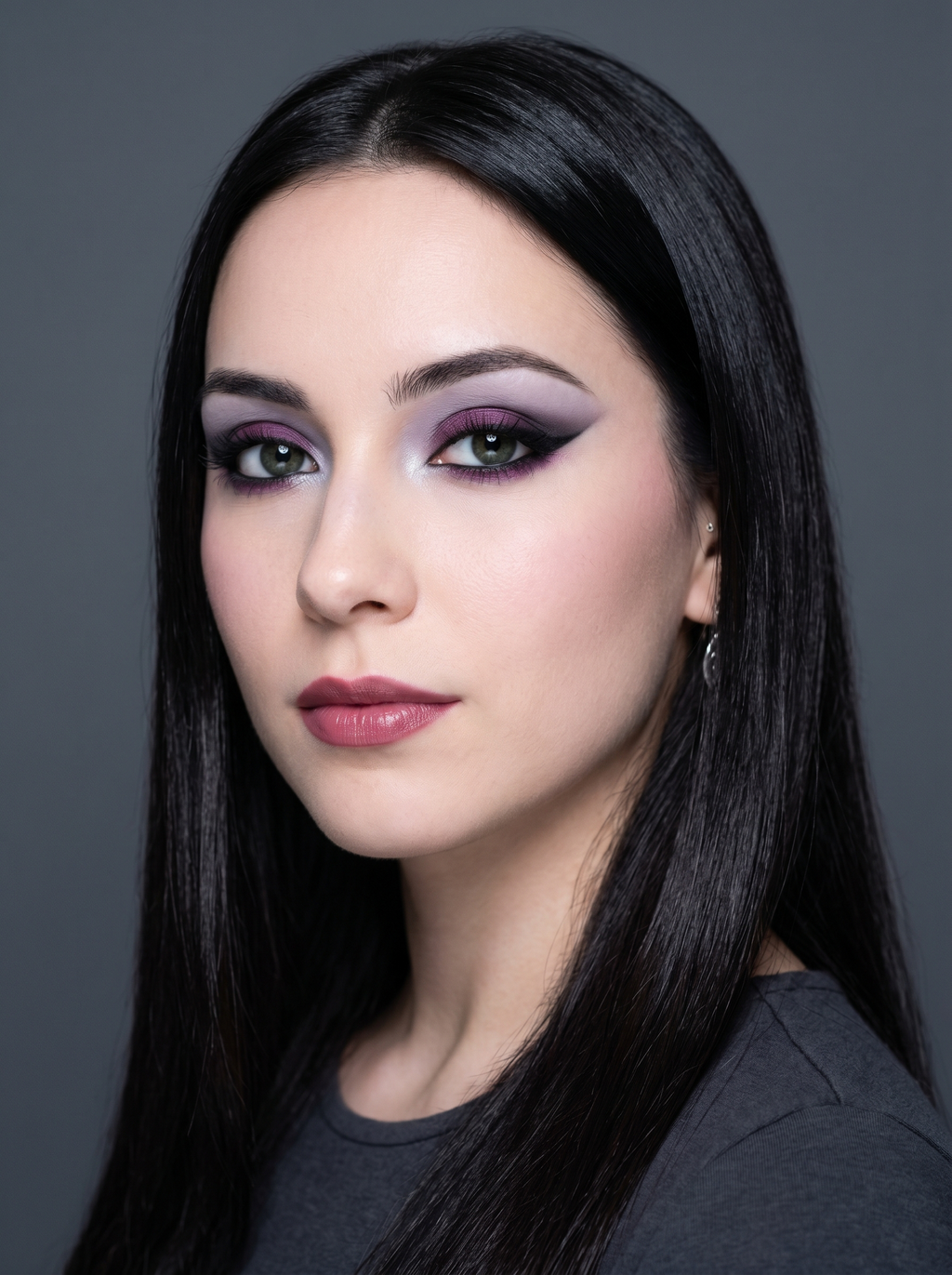 Winged smoky eye with cool vivid plum lid and pure black wing on Bright Winter coloring