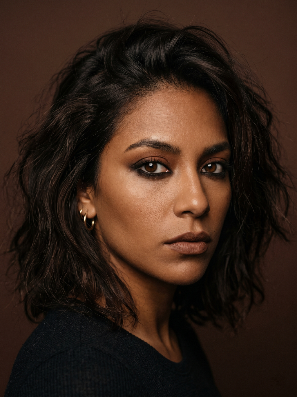 Grunge smoky eye with kohl base, burnt sienna lid, and warm near-black depth on Dark Autumn coloring