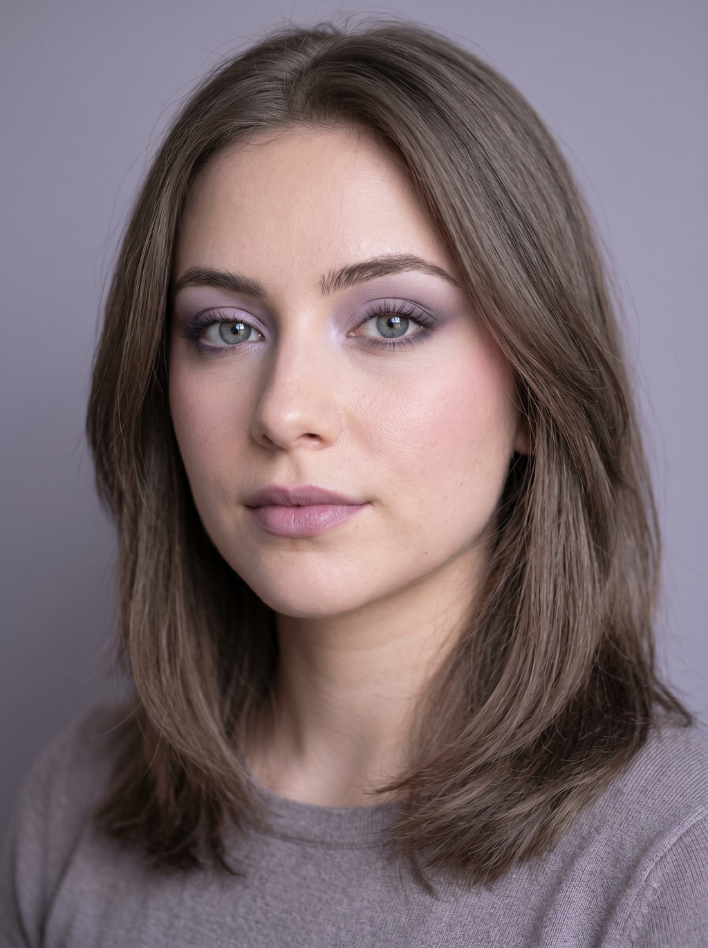 Monochromatic muted lavender smoky eye at three depths on Soft Summer coloring