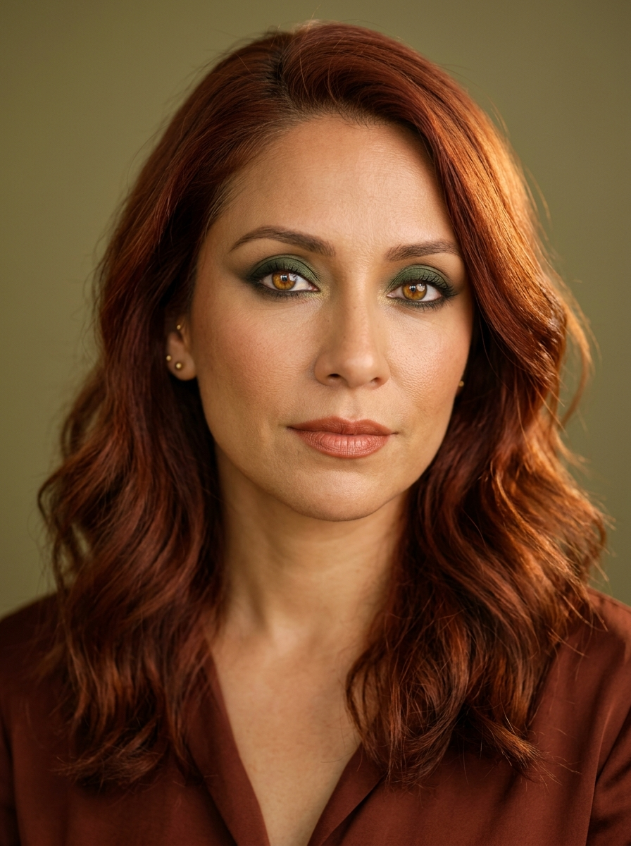 Warm forest green smoky eye with espresso depth and antique gold inner corner on True Autumn coloring
