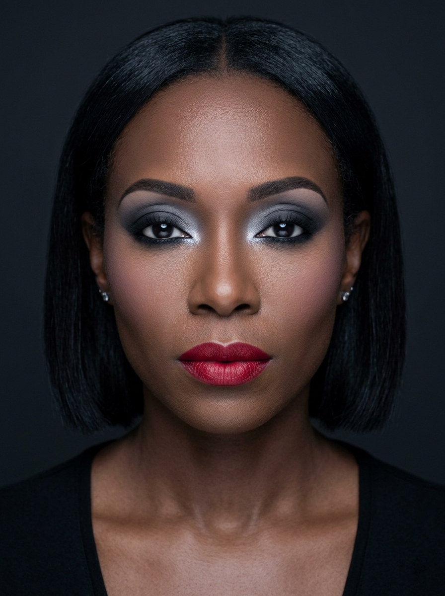 Classic black smoky eye with charcoal lid, pure black depth, and icy silver inner corner on True Winter coloring