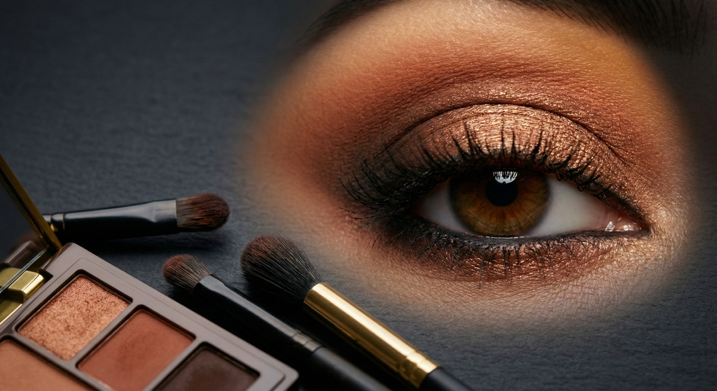Close-up of a softly blended smoky eye against neutral skin, with blending brushes and an eyeshadow palette in soft focus