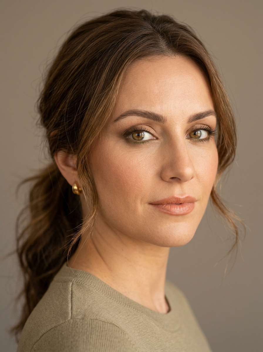 Soft Autumn smoky evening eye with bronze pressed across the lid, warm brown and sepia deepening the outer V, a muted olive smudge along the lower lash line, and champagne brightening the inner corner