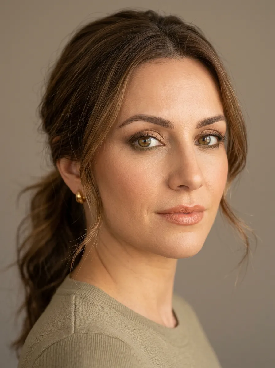 Soft Autumn smoky evening eye with bronze pressed across the lid, warm brown and sepia deepening the outer V, a muted olive smudge along the lower lash line, and champagne brightening the inner corner