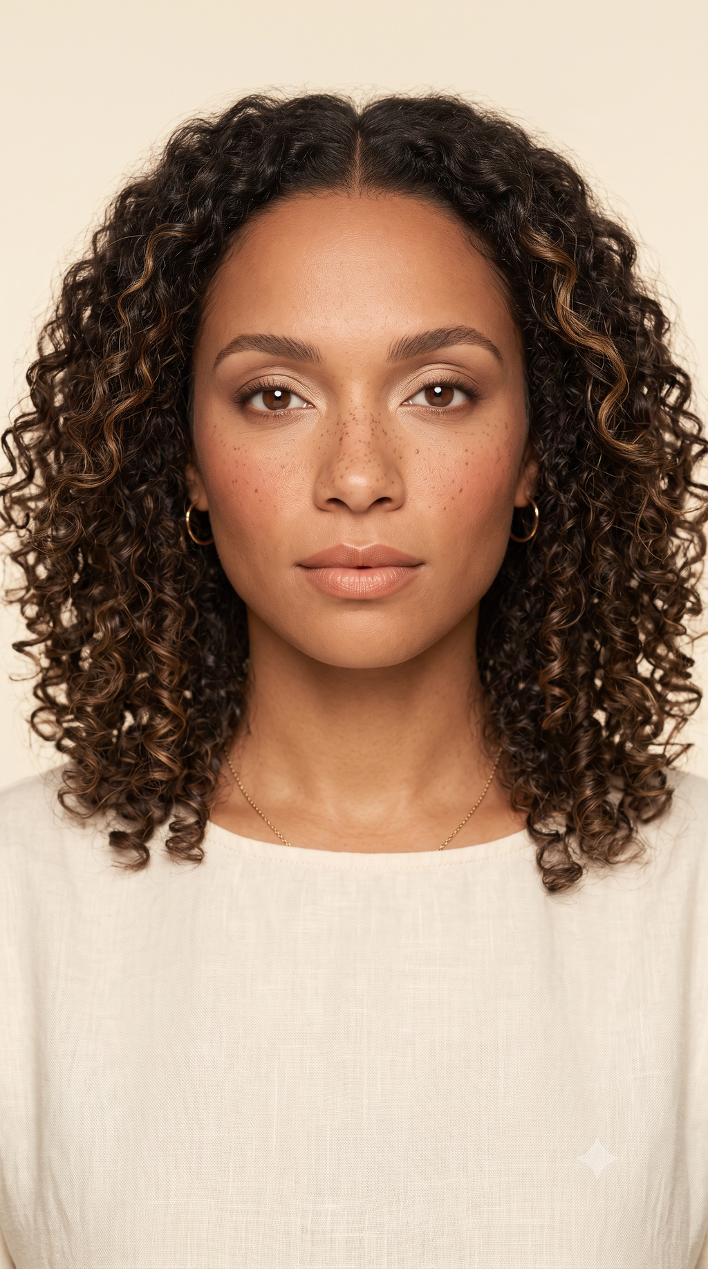 Soft Autumn everyday eye with warm taupe on the lid, copper blended through the crease, champagne catching light at the center and inner corner, and soft brown definition along the upper lashes