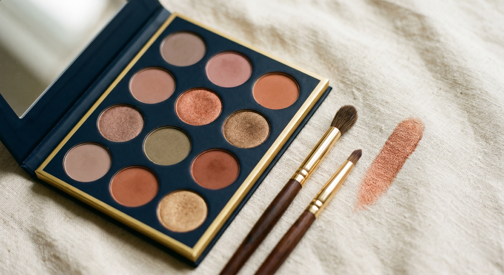 Flat-lay of a muted warm eyeshadow palette in taupe, copper, bronze, and olive with two soft brushes on cream linen