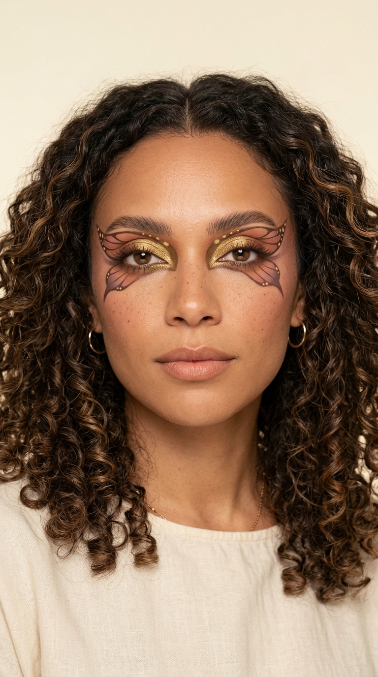 Soft Autumn festival eye with a hand-painted butterfly wing motif wrapping from the inner corner across the lid and down under the eye, gradient from soft gold into terracotta and dusty mauve-brown with tiny gold dot accents