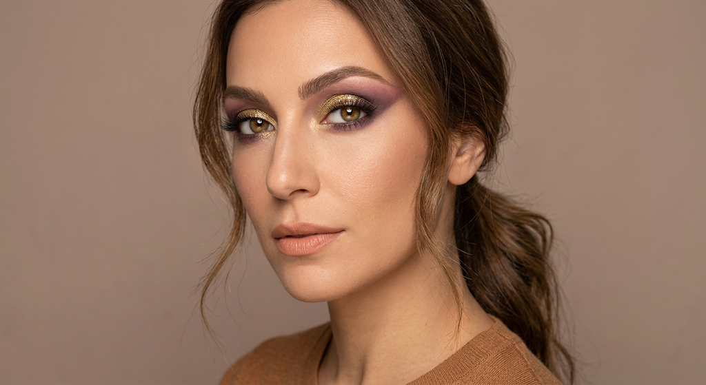 Soft Autumn festival eye with soft gold shimmer on the lid draping into a blended plum and mauve wash across the crease and outer corner, no black liner and no hard edges
