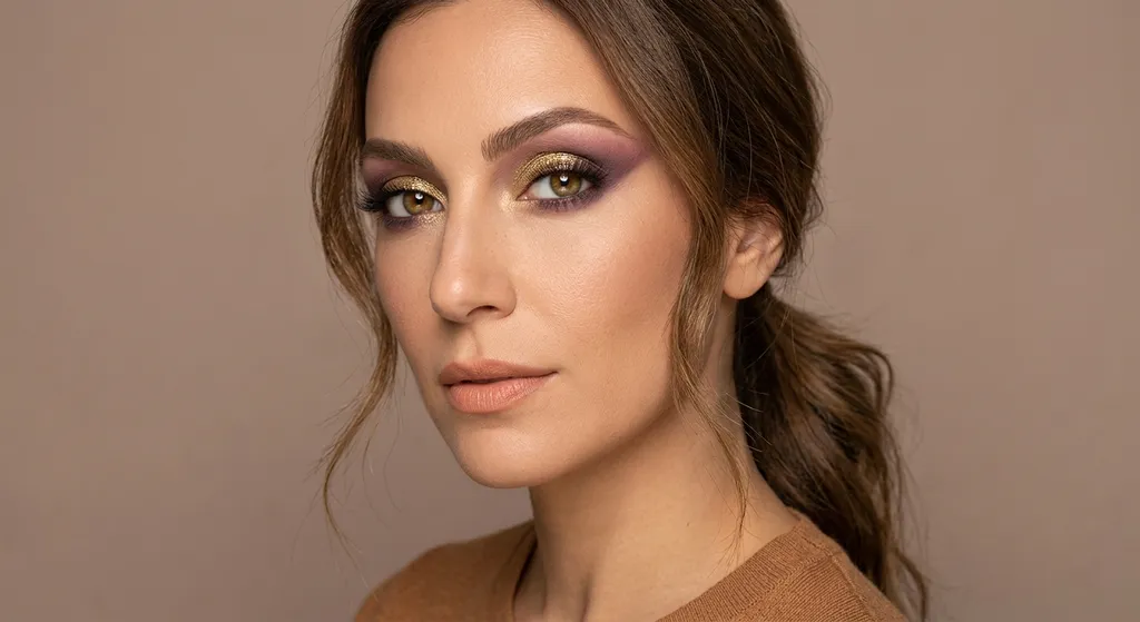 Soft Autumn festival eye with soft gold shimmer on the lid draping into a blended plum and mauve wash across the crease and outer corner, no black liner and no hard edges