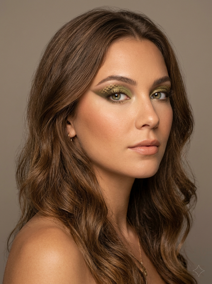 Soft Autumn festival eye with a shimmering olive-gold metallic wash and a fine scale-textured pattern etched into the crease, soft-blended edges and no black liner