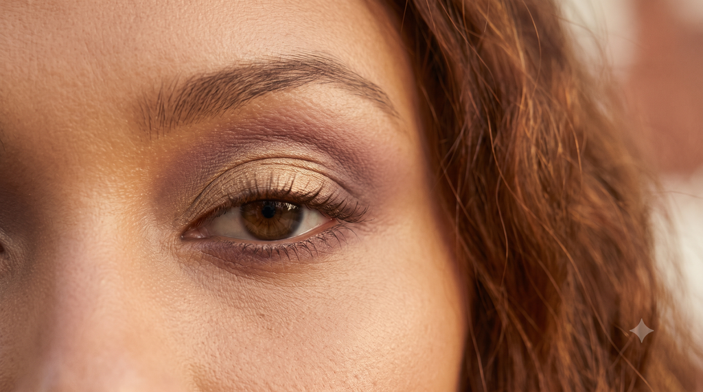 Close-up of a single Soft Autumn festival eye in warm gold and dusty plum with soft-blended metallic detail, no black liner and no icy shimmer, shot in warm diffused light against a muted terracotta backdrop