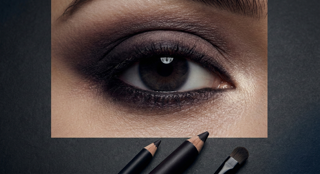 Close-up of a single eye with deliberately soft, smudged kohl along the lower lash line and diffused charcoal-plum shadow on the lid, shot against dark gray matte surface with two kohl pencils and a smudge brush in frame
