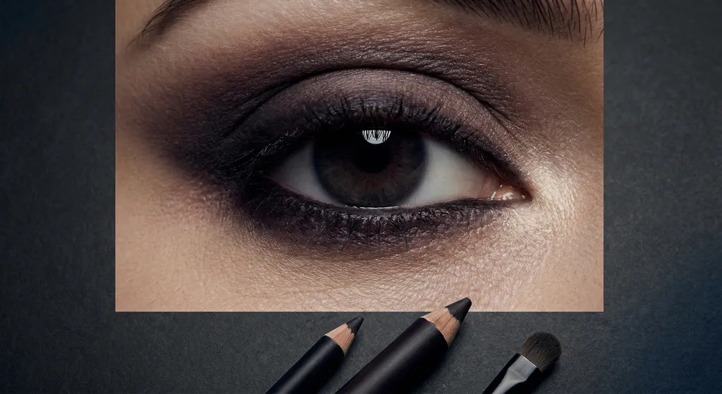 Close-up of a single eye with deliberately soft, smudged kohl along the lower lash line and diffused charcoal-plum shadow on the lid, shot against dark gray matte surface with two kohl pencils and a smudge brush in frame
