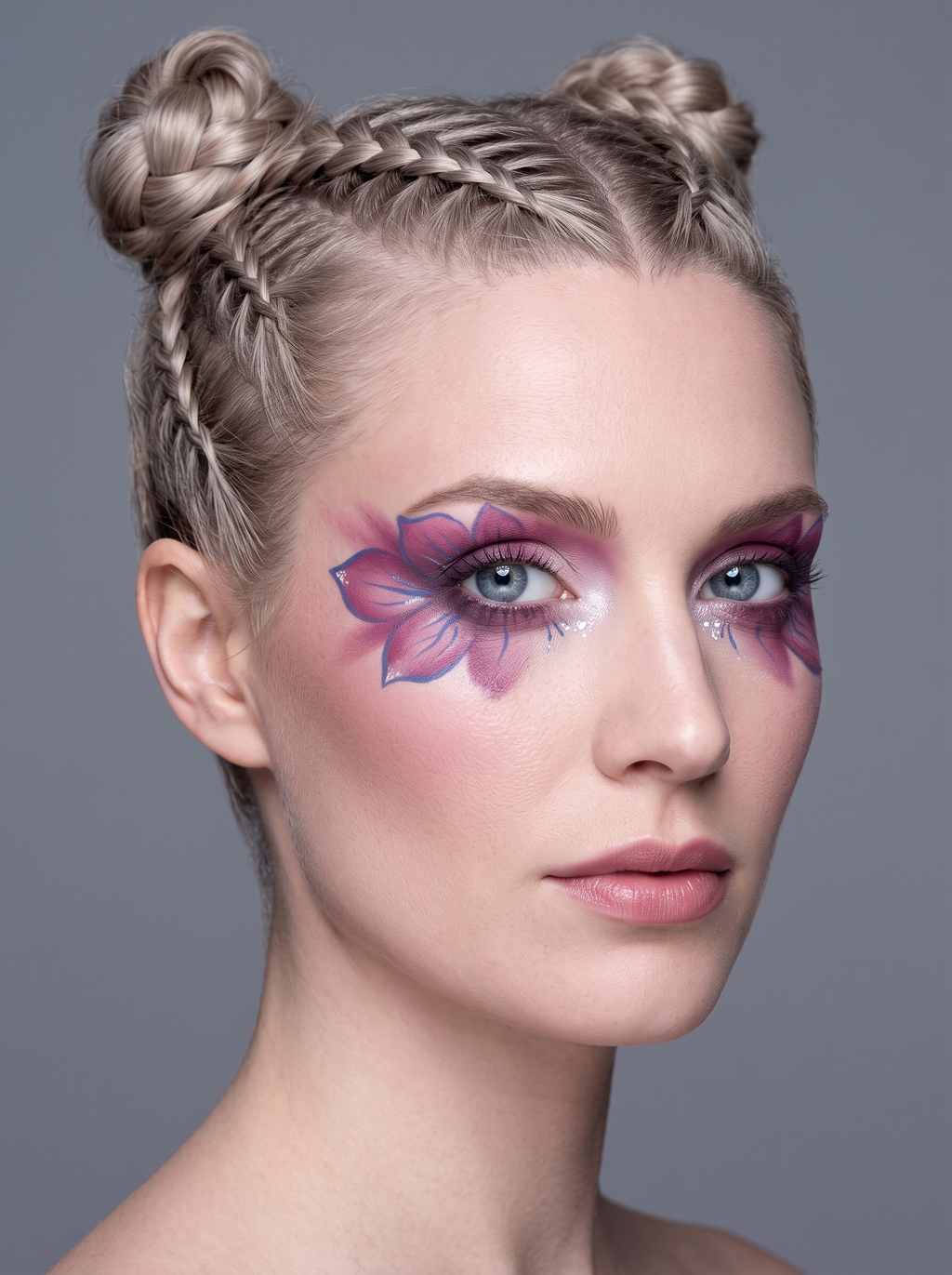 True Summer festival eye with a large hand-painted flower in rose pink and soft plum wrapping from the lid down under the eye, outlined in blue-violet, soft plum smoky wash on the lid and icy sparkle accents along the lower lash line, no gems and no warm tones
