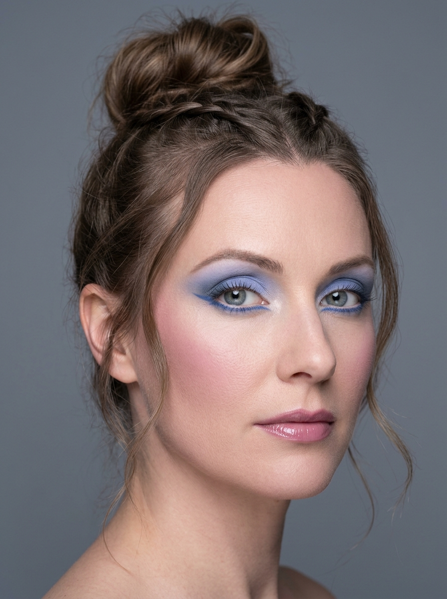 True Summer festival eye with a cornflower blue lid wash and a graphic soft navy liner traced along the waterline and into a short wing, icy white brow-bone highlight, no black liner and no warm tones